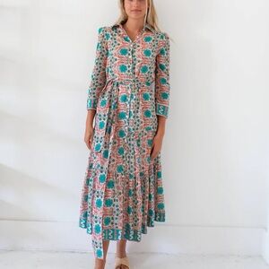 MAREA CORAL TEAL FLORAL FLOUNCE SHIRT DRESS